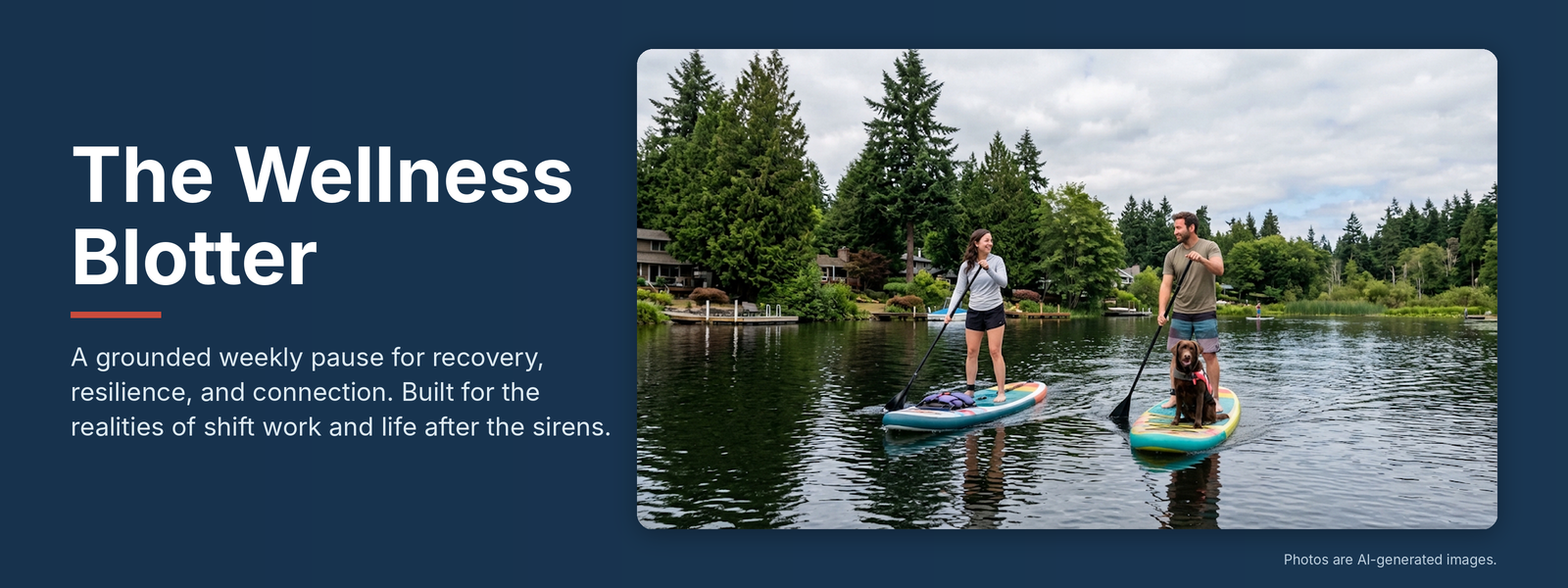 The Wellness Blotter banner with a couple paddleboarding on a lake with their dog